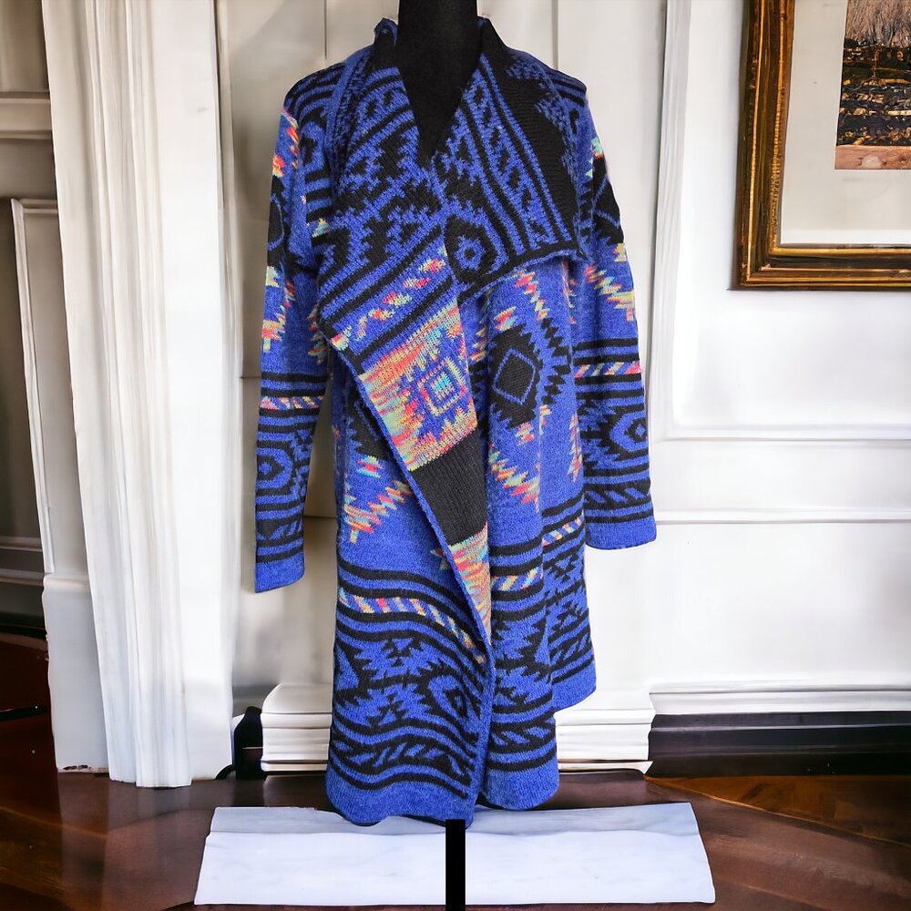 NWOT KAMANA (MED) Aztec/Tribal "Denim Blue" Cardigan Sweater - Picture 1 of 7